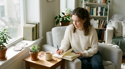 A relaxed lifestyle scene of a journal, a pen, and a warm cup beside a sunny window