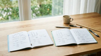 Two open notebooks side by side comparing exam scores under a bright window