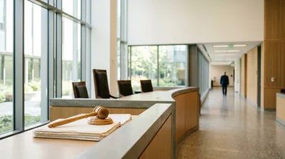 A quiet courthouse interior with daylight, evoking decisions and judgment