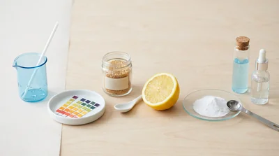 A row of small beakers holding liquids in a gradient of colors