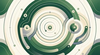 An abstract pattern of curved lines layered like contour maps in cream and forest green