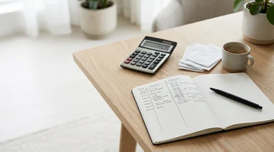 A budget spreadsheet, calculator, and pen on a clean desk